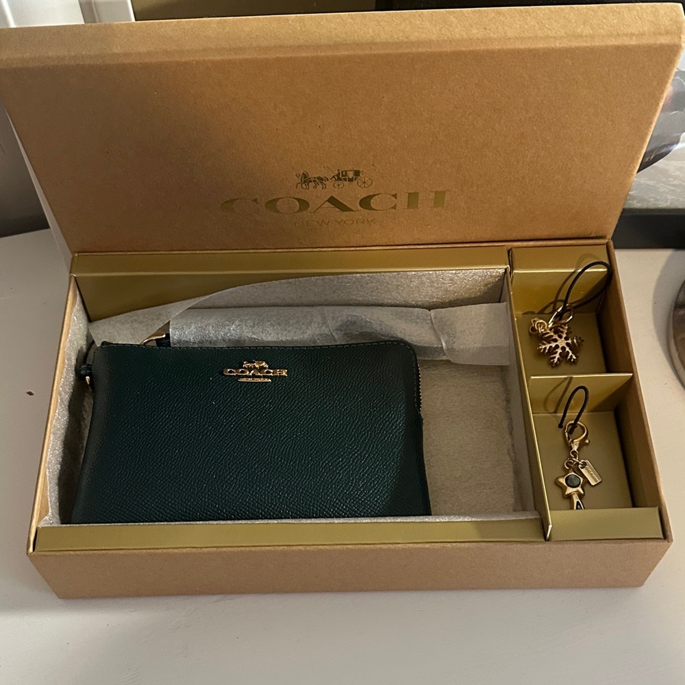 Coach Dark Green Leather Wristlet with Charms